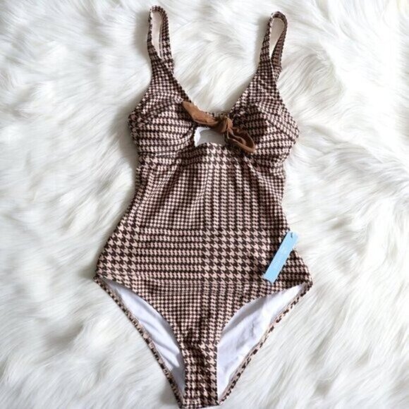 NWT Brown Houndstooth Print Plus Size One Piece Bathing Suit Size 0X Beach Pool - Picture 3 of 8
